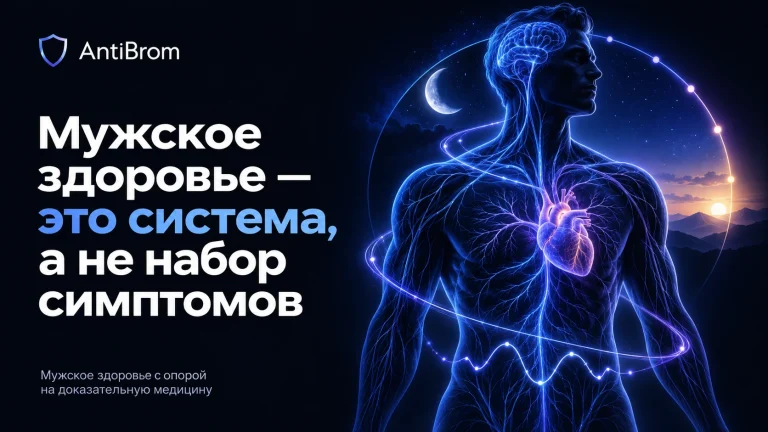Мужской силуэт с объединённой сетью мозга, сердца, сосудов и биоритмов