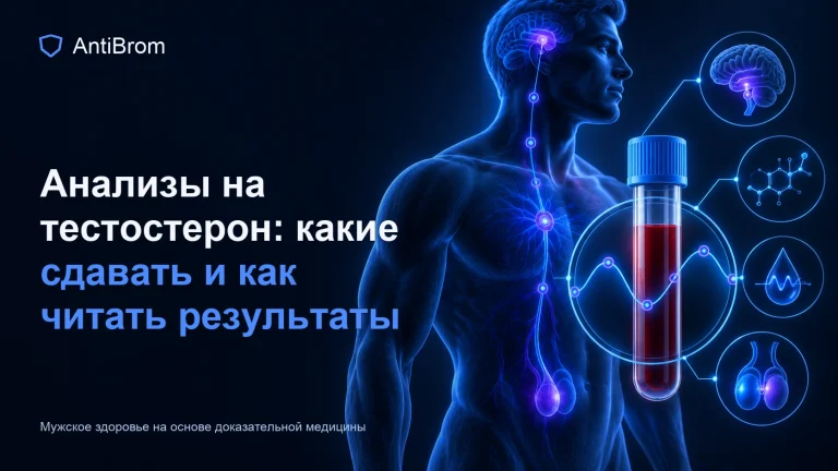 Мужской силуэт, лабораторная пробирка и схема гормонального анализа