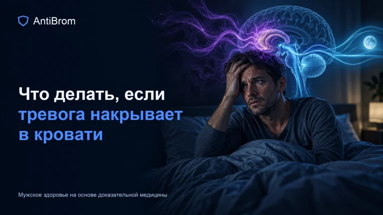 Мужчина в тёмной спальне с тревожной волной и спокойным дыхательным контуром