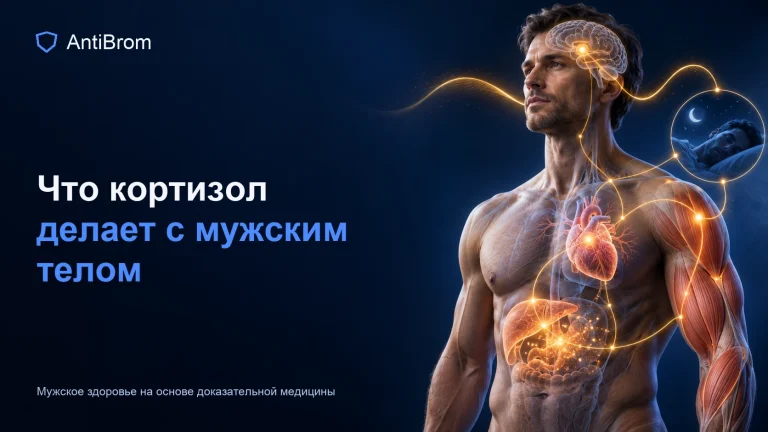 Мужской силуэт с гормональной волной, связывающей мозг, сердце, энергию, мышцы и сон