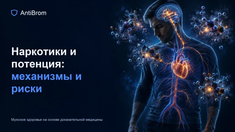Мужской силуэт с фрагментированными сигналами мозга, сердца и сосудов на фоне абстрактных молекул