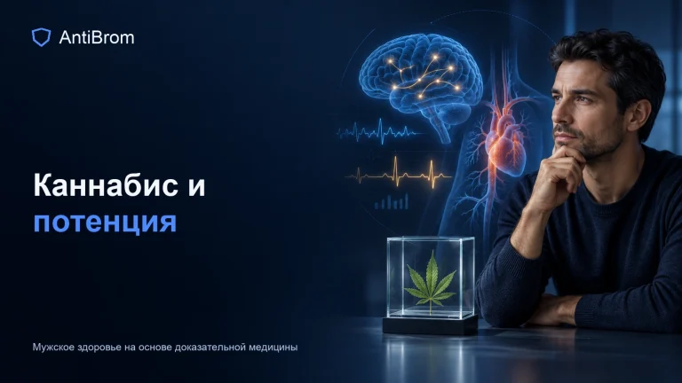 Мужчина рядом с образцом каннабиса за клиническим стеклом и неопределёнными нервными и сосудистыми сигналами