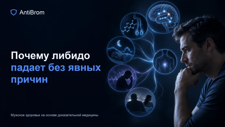 Задумавшийся мужчина с сигналами мотивации, гормонов, сна и стресса, сходящимися в ослабленную волну желания
